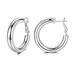 Silver Large Hoop Earrings, Chunky Huggie Hinged Hoops Circle Endless Loops Hypoallergenic Earrings Sensitive Ears Jewellery Anniversary Birthday Gifts for Women Girls, 30mm, Silver