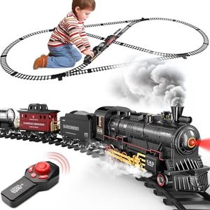 Hot Bee Train Set for Boys, Alloy Remote Control Train Toys with Steam Locomotive Cargo Cars Tracks, Trains with Realistic Smoke Sound Lights,Christmas Train Toys Gifts for 3 4 5 6 7 8+ Years Old Kids