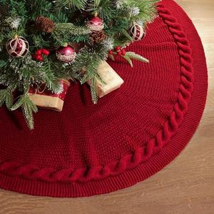 LimBridge Knitted Christmas Tree Skirt: 48 Inches Wine Red Tree Skirt, Chunky Cable Knit Thick Rustic Christmas Tree Decorations, Farmhouse Christmas Decor Xmas Holiday Home Party Decorations
