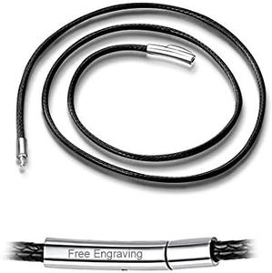 ChainsHouse Men Women Black Leather Cord Necklace Personalized Custom Engraving Stainless Steel Black 3mm Wide Woven Rope Chain for Pendant, 28"