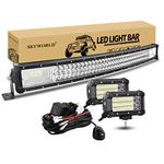 SKYWORLD 32 inch 405W Curved LED Light Bar, 2 Pcs 5 inch 135W Flood Driving Lights With 1 Pcs 12V 2 Lead Wiring Harness Cable Kit for Car Off road Truck Tractor SUV 4x4 Boat lighting, 6000K White