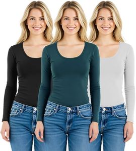 Emmalise Women's Junior and Plus Size Basic Scoop Neck Tshirt Long Sleeve Tee, 1xl, 3pk Black, Green Teal, White