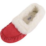 SNUGRUGS Womens Luxury Lambswool Suede Moccasin Slipper with Wool Cuff & Rubber Sole - Red - 6 UK