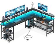 ODK L Shaped Gaming Desk with LED Lights & Power Outlets, 168×120cm Reversible Corner Desk with Storage Shelves, Computer Desks with Monitor Stand, Black
