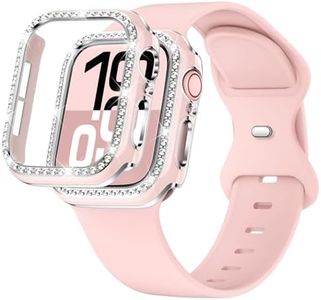 XYF Compatible for Pink Apple Watch Bands 46mm Series 11 10 Women with Bumper Case, Soft Silicone Strap Glitter Bling Face Cover for iWatch SE Ultra 3 2 Series 11 10 9 8 7 6 5 4 3 2 1 (Pinksand, 46/S11)