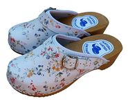 PAFOLI Women Leather Clogs - Swedish Handmade Floral White Wooden Sole Sandals - Ladies Shoes with Strap - Available in Many Sizes (8 UK)