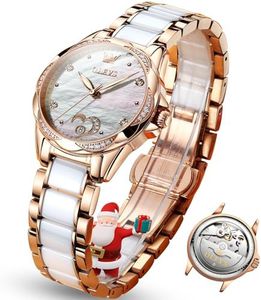 OLEVS Watch Women Automatic Watches for Women Rose Gold White Mechanical Woman Watches with Date Ceramic Ladies Automatic Watch Self Winding Luxury Mother of Pearl Dial Wristwatch Reloj para Mujer