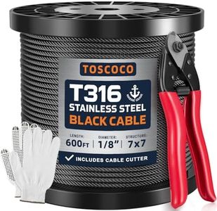 Tosoco 600 FT 1/8" Black Stainless Steel Cable, T316 Marine Grade Wire Rope for Cable Railing Kit, 7×7 Strands, Rustproof Aircraft Cable with Cutter, DIY Stair Fence Balustrade