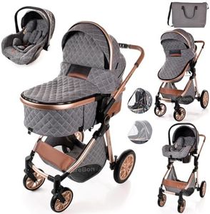 Baby Pram with Car Seat Lightweight Buggy Stroller Foldable Pushchair 3 in1 Travel System Newborn Toddlers (Grey - Rose Gold Frame)