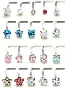 LongMiss 20Pcs 20G Nose Rings Studs Set for Women Men - Hypoallergenic Gold/Silver 316L Surgical Stainless Steel Nose Studs L Shaped Screw Body Piercing Jewelry for Nose Earring Studs CZ 3mm