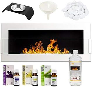 GMT - Bioethanol Eco Smokeless Fireplace White 90x40cm with Protective Glass - Indoor Decorative Wall mounted or recessed Fire Heater Chimney - Easy to Mount with Bio Liquid Fuel & Stones & Aroma Oils