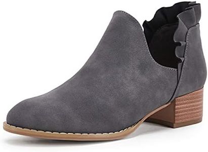 FISACE Womens Ruffled Ankle Boots V Cut Out Pointed Toe Chunky Low Heel Dressy Western Booties Grey