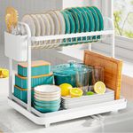 Kitsure 2 Tier Dish Drainer, Multifunctional Dish Drainer Rack, Rustproof Kitchen Dish Drying Rack with Drainboard & Utensil Holder, Space-Saving Dish Rack for Kitchen Counter X-Large, White