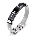 IzuBizu London Men Stainless Steel Silver & Black Cross Mesh Strap Band Religious Bracelet Fashion Accessory Birthday Easter
