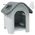 YITAHOME Plastic Dog House, Water Resistant & Anti-UV Insulated Pet House Outdoor Indoor, Dog Kennels for Outside Puppy Shelter with Elevated Floor/Air Vents/Skylight, Grey (75×59.2×66 cm)