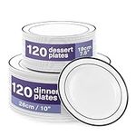 MATANA 240 Premium White Plastic Plates with Black Rim - 120 26cm Dinner Plates, 120 19cm Side Plates - Elegant, Unbreakable & Reusable Plates for Weddings, Birthdays, Picnic, Parties