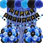 Blue Birthday Decorations for Men Boys, Blue Black Party Decorations Fringe Curtains Happy Birthday Banner Navy Royal Light Blue Pom Poms Décor Supplies 13th 16th 18th 21st 30th 40th 50th 60th Him