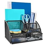 PEXATO Mesh Desk Organiser – Metal Desk Tidy & Pen holder with 6 compartments and 1 sliding drawer, 22x14x13 cm – Stationary Organiser for office accessories, Home, School – Black