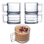 GOSOYO Stackable Glass Coffee Mugs Set of 4 (250cc/8.5oz). Fully Tempered Tea and Latte Glasses, Ribbed Glasses, Cappuccino Cups, Coffee Glasses, Glass Mugs for Hot Drinks with Handles