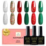 Yueshop Christmas Green Gel Nail Polishes, 6 Colors Glitter Misty Forest Green Red Silver Sparkle Nail Polish Set, Dark Green Gel Polish Soak off UV LED Lamp Nail Varnish Set for Nail Art Salon DIY