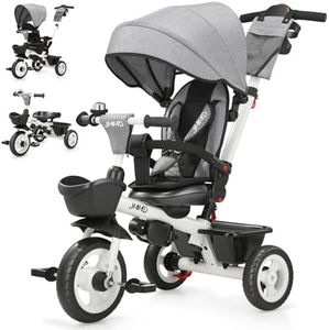 JMMD Baby Trike, 6-in-1 Kids Tricycle with Adjustable Push Handle, Removable Canopy, Safety Harness for 18 Months - 5 Year Old, Gray