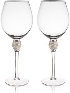 Trinkware Set of 2 Wine Glasses - Rhinestone DIAMOND Studded With Silver Rim - Long Stem, 16oz, 10-inches Tall – Elegant Glassware And Stemware