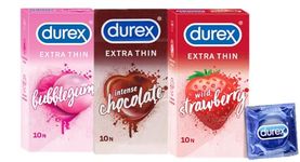 Durex Extra Thin Flavoured Condoms, 10s, Pack of 3 (Bubblegum + Chocolate + Strawberry)