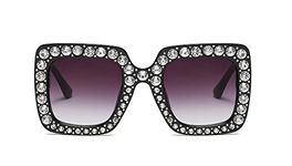 Freckles Mark Oversized Jeweled Sunglasses Squared Brand Crystal Costume Glasses (Black)