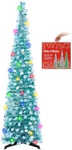 MACTING 5FT Christmas Tree with Lights, Easy-Assembly Pop Up Pencil Tree, Glittery Collapsible Tinsel Tree for Home Holiday Party Winter Porch Apartment Indoor Outdoor Xmas Decor(Aqua Blue)