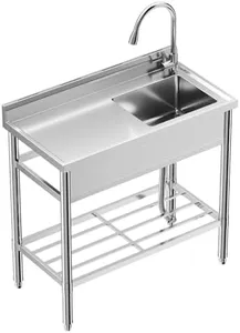 Free Standing Commercial Restaurant Kitchen Sink, Stainless Steel Sink with Workbench, Utility Sink with Hot & Cold Hoses, NSF Certificated, Stainless Steel Single Bowl Sink for Restaurant (39 Inch)