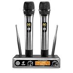 Wireless Microphones, TONOR Metal Dual Professional UHF Cordless Dynamic Mic, Handheld Microphone System with Receiver for Home Karaoke, Meeting, Party, Church, DJ, Wedding, Singing, 200ft, TW820 Gray