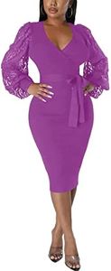 Women Dresses for Church Casual V Neck Balloon Sleeve Bodycon Dress Cocktail Party Midi Dress Purple M