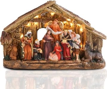 Bshine Christmas Nativity Scene Set Manger with LED Lights, 10.8x7 Holy Family Nativity Set Indoor Baby Jesus Figurines, Christmas Decor for Home Desktop Collectible Ornaments