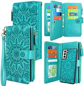 Harryshell Detachable Magnetic Zipper Wallet Leather Case Cash Pocket with 12 Card Slots Holder Wrist Strap for Samsung Galaxy S21 5G 6.2 Inch (2021) Floral Flower (Blue Green)