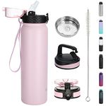 OLDLEY Stainless Steel Water Bottle with Straw 1L Vaccum Insulated Large Drink Flask Metal Water Bottles 1 Litre Leakproof Keep Drinks Hot Cold for Sports Gym Travel with Different Lids(Pink, 3 Lids)