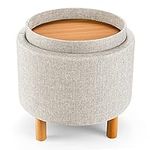 GORELAX 4 in 1 Upholstered Round Storage Ottoman with Trays, Fabric Storage Footstool w/Solid Wood Legs & Anti-Slip Pad, Cozy Stool for Bedroom, Living Room (Beige)