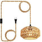 IHENGYANLT Plug in Pendant Light Rattan Hanging Lamp with Switch Hemp Rope Cord Boho Woven Wicker Lampshade Hanging Lights with Plug in Cord Plug in Ceiling Light Fixture for Living Room Bedroom