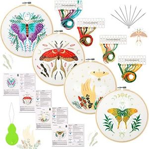 4 Set Moth Embroidery Kit for Beginners Adults Moth and Moon Cross Stitch Cloth DIY Needlepoint Kits with Patterns and Instructions, Embroidery Hoops, Colored Threads, Needles and Needle Threader