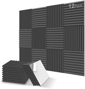 JBER Panneaux de mousse acoustique, 12 paquets 12x12x 1 Inch / 2.5 X 30 X 30cm Panneaux muraux insonorisés auto-adhésifs pour la maison, le bureau et le studio (noir)