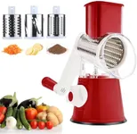 Kitchen Cheese Grater Hand Crank, 3-Blade Stainless Steel Grinder with Strong Suction Base, Easy to Use & Clean for Cheese, Veggie, Nut, Chocolate Red