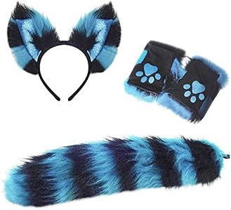 Cat Wolf Fox Tail Faux Fur Ear Headband and Paw Gloves Set for Adult Children Halloween Christmas Fancy Party Costume Gifts Animal Cosplay Accessories (Blue-Black)