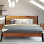 Acacia Emery Bed Frame with High Headboard Solid Wood Platform Bed, Scandinavian Signature High Headboard Wood Bed Compatible with All Mattress Types, 30 Mins Assembly, King Bed Frames, Americano