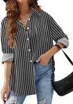 HOTOUCH Button Down Shirt Women Long Sleeve Black Striped Dressy Blouse Classic Business Turn-Down Collar Top