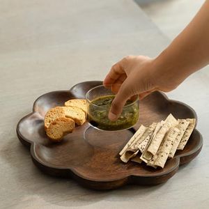 Ellementry Floral Chip & Dip - Wood and Glass Salsa Plate Tray Server for Party Festival Occasion | Serving Platter with Dip Bowl | Dinnerware, Crockery and Dining