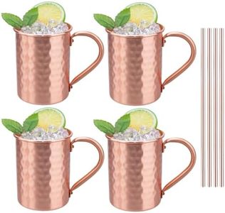TJ Moscow Mule Mugs Set of 4, 100% Pure Copper Cups 14 oz, Handcrafted Copper Mugs w/Straws, Tarnish Resistant, Gift for Cold Drinks Cocktail Beer Wine Party Bar