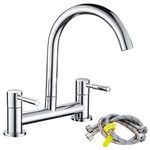 Maynosi Kitchen Sink Mixer Tap, 2 Hole Kitchen Mixer Tap, Dual Lever Bridge Faucet, 180 mm Centers Deck Mounted, 1/4 Turn, 360° Swivel Spout, Chrome Plated, Brass, Include Flexible Hoses