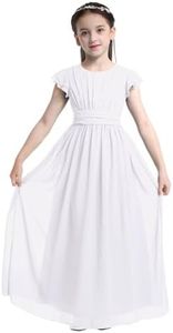 Agoky Enfants Filles Robes Mariage à Manches Volants Flottantes Robe Longue Demoiselle d'honneur Bal de Promo Fête Fille de Fleur Robe Mousseline de Soie 4-14 Ans Blanc 12 Ans