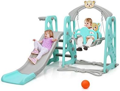 HONEY JOY 4 in 1 Toddler Slide and Swing Set, Kids Play Climber Slide Playset with Basketball Hoop, Extra Long Slide & Ball, Baby Swing Set for Indoor Outdoor Backyard (Green)