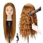 Mannequin Head with 80% Human Hair, 28'' Doll Head for Cosmetology & Hairdresser, Real Hair Cosmetology Makeup Hairdressing Training Head