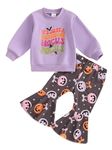 ZZLBUF Toddler Baby Girl Halloween Outfits Letter Print Crewneck Sweatshirt Flare Pants Set Kids Fall Winter Clothes (01- Purple, 12-18 Months)